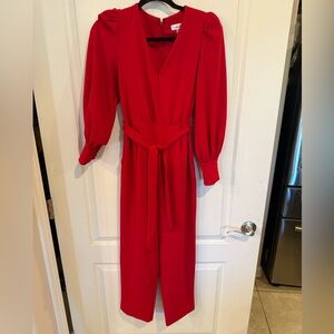 Calvin Klein women’s red V-Neck Long-Sleeve puff sleeve Belted Jumpsuit sz 2